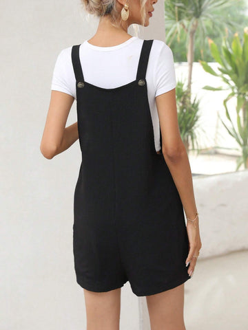 Solid Roll Hem Overall Romper Without Tee