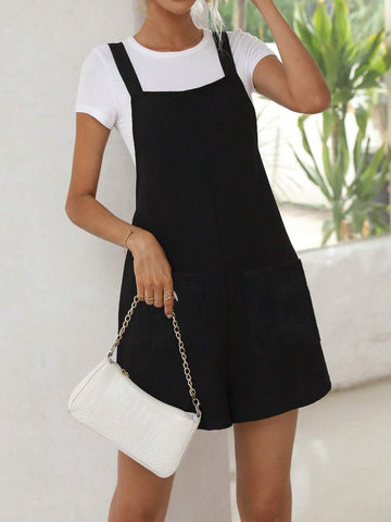 Solid Roll Hem Overall Romper Without Tee