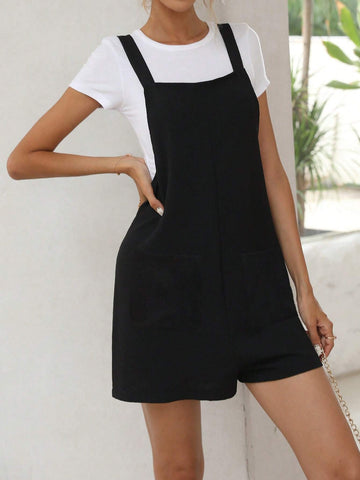 Solid Roll Hem Overall Romper Without Tee