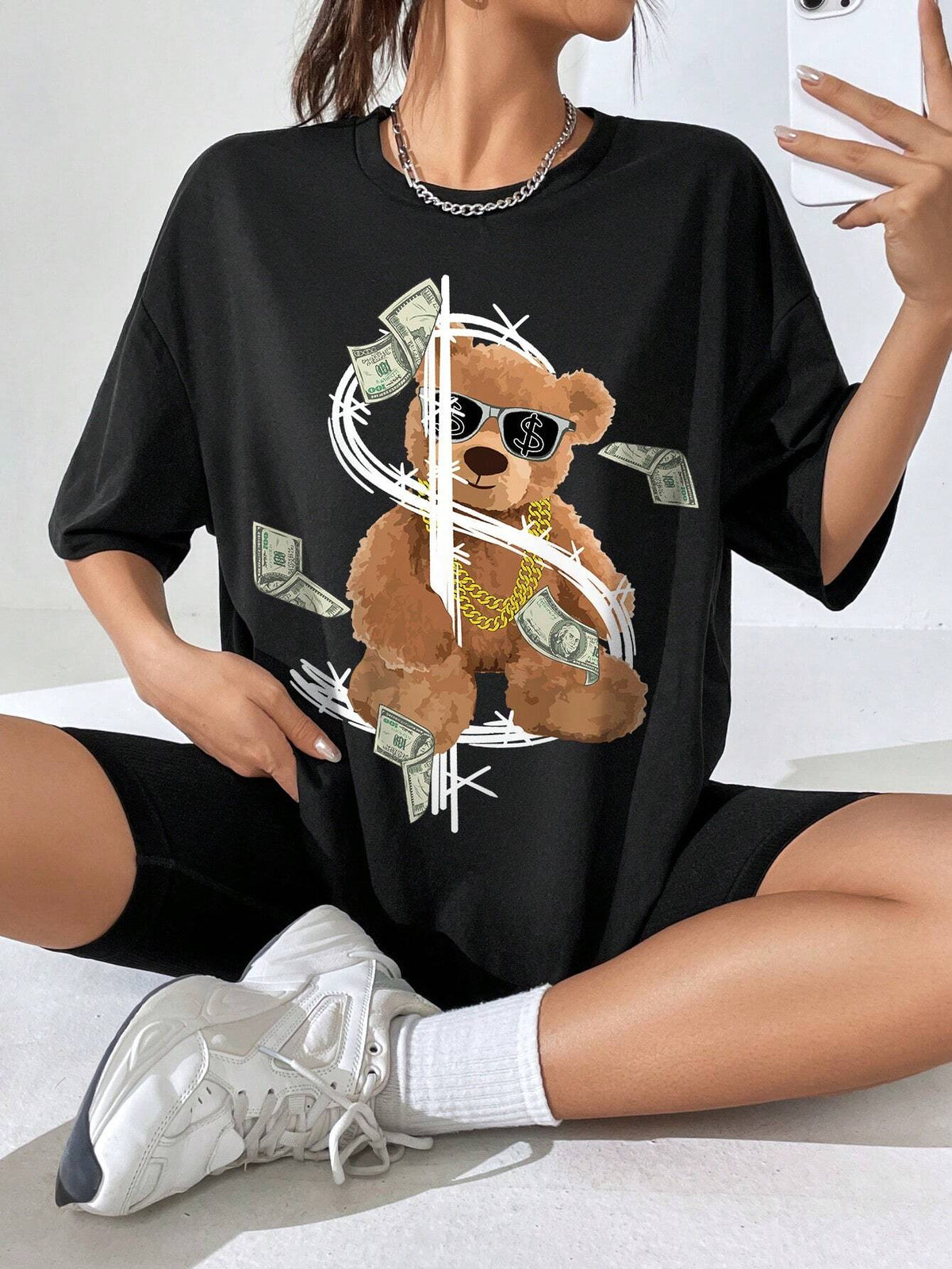 EZwear Bear Print Drop Shoulder Tee