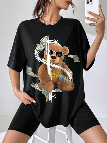 EZwear Bear Print Drop Shoulder Tee