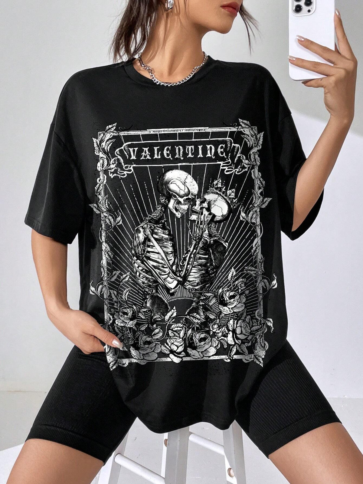 EZwear Skull & Floral Print Drop Shoulder Tee