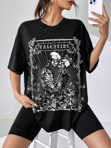 EZwear Skull & Floral Print Drop Shoulder Tee