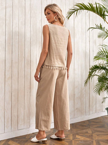EMERY ROSE Solid Tassel Hem Top & Wide Leg Pants
