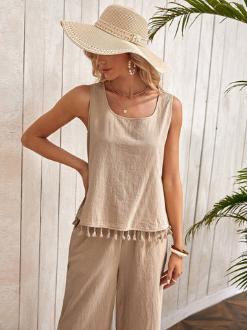 EMERY ROSE Solid Tassel Hem Top & Wide Leg Pants