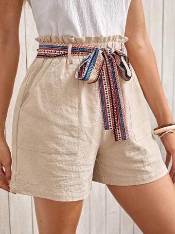 EMERY ROSE Paperbag Waist Belted Wide Leg Shorts