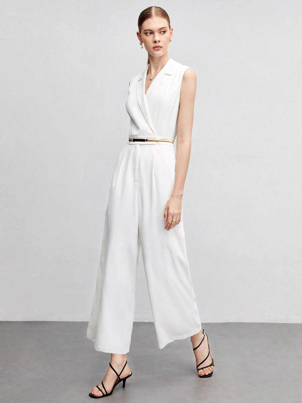 Lapel Collar Sleeveless Jumpsuit Without Belt