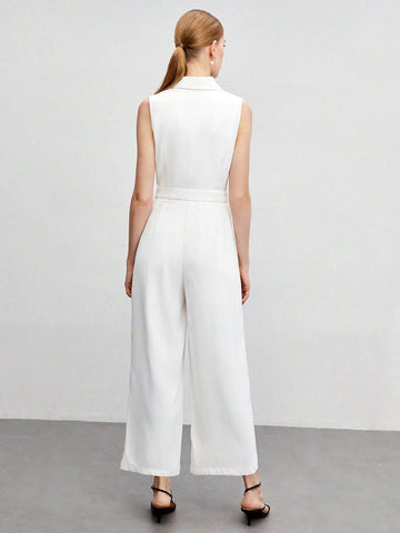 Lapel Collar Sleeveless Jumpsuit Without Belt