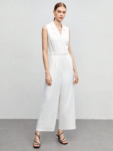 Lapel Collar Sleeveless Jumpsuit Without Belt