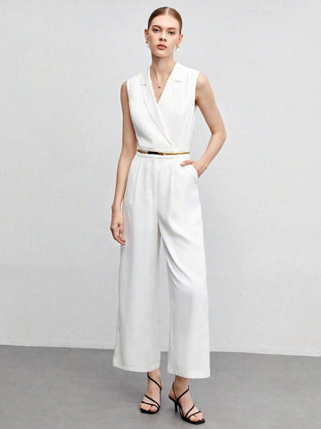 Lapel Collar Sleeveless Jumpsuit Without Belt