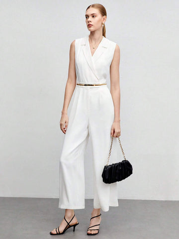 Lapel Collar Sleeveless Jumpsuit Without Belt