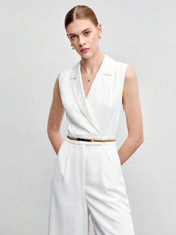 Lapel Collar Sleeveless Jumpsuit Without Belt