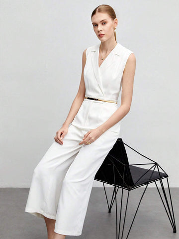 Lapel Collar Sleeveless Jumpsuit Without Belt