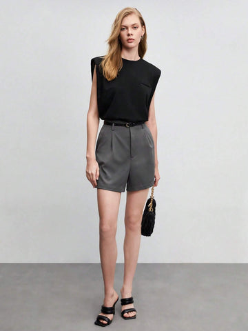 BIZwear Fold Pleated Detail Slant Pocket Shorts Without Belt