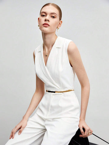Lapel Collar Sleeveless Jumpsuit Without Belt