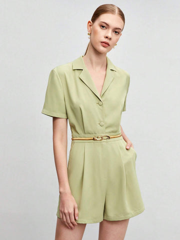 Lapel Collar Button Front Romper Without Belt