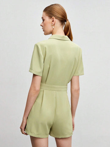 Lapel Collar Button Front Romper Without Belt