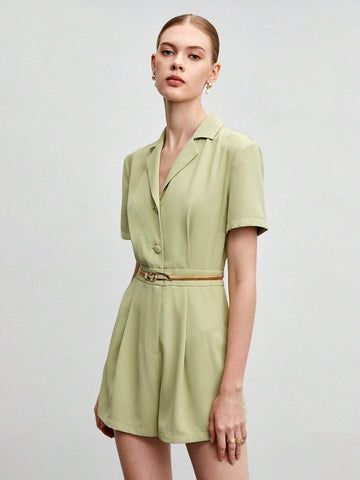Lapel Collar Button Front Romper Without Belt