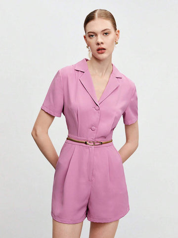 Lapel Collar Fold Pleated Detail Shirt Romper Without Belt