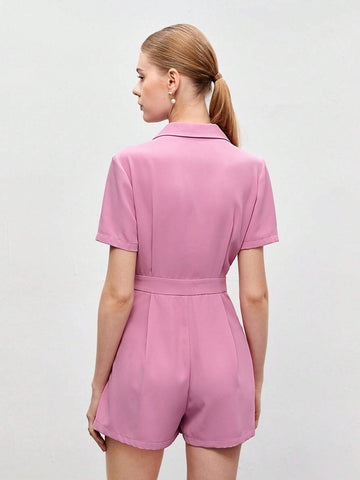 Lapel Collar Fold Pleated Detail Shirt Romper Without Belt