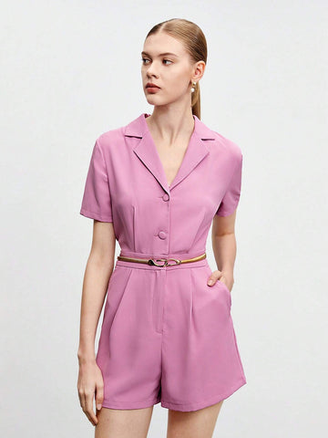 Lapel Collar Fold Pleated Detail Shirt Romper Without Belt