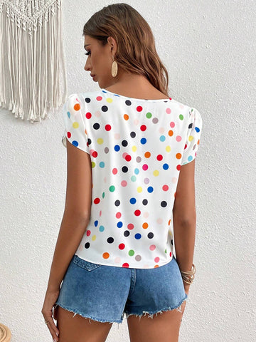 Polka Dot Petal Sleeve Knot Hem Blouse