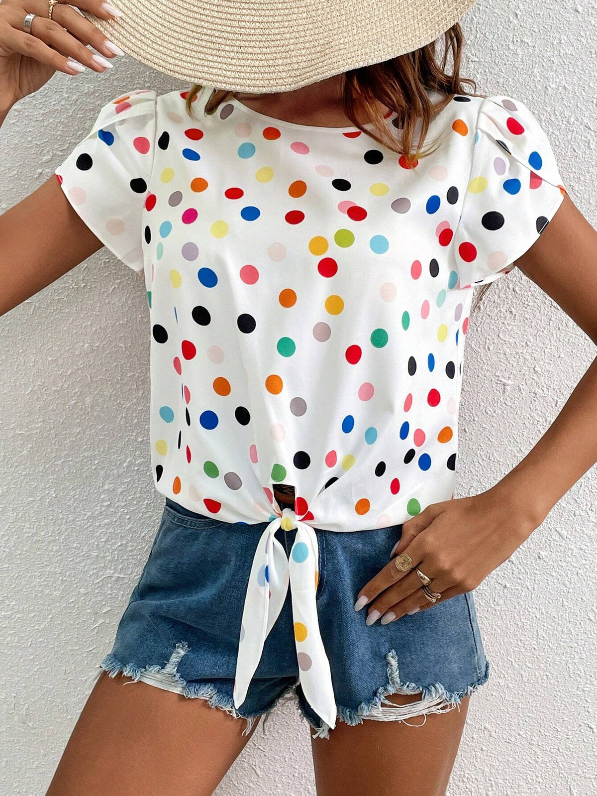 Polka Dot Petal Sleeve Knot Hem Blouse