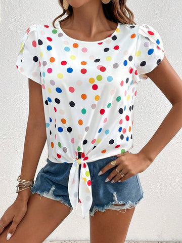 Polka Dot Petal Sleeve Knot Hem Blouse