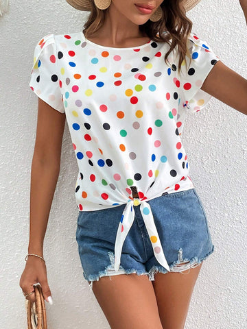 Polka Dot Petal Sleeve Knot Hem Blouse