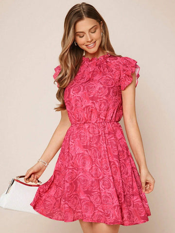 EMERY ROSE Floral Print Ruffle Trim Dress