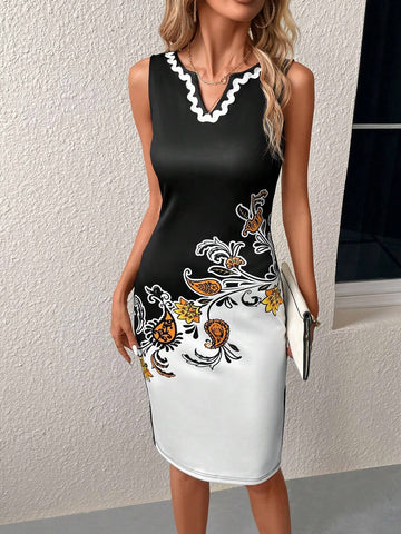 EMERY ROSE Paisley Print Colorblock Notched Neckline Dress