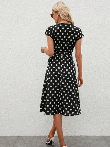 EMERY ROSE Polka Dot Print Knot Side Wrap Dress