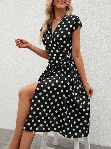EMERY ROSE Polka Dot Print Knot Side Wrap Dress