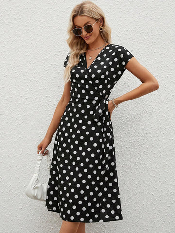 EMERY ROSE Polka Dot Print Knot Side Wrap Dress