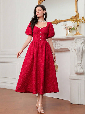 Sweetheart Neck Puff Sleeve Button Front Jacquard Dress