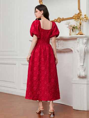 Sweetheart Neck Puff Sleeve Button Front Jacquard Dress