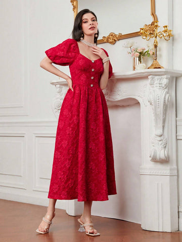 Sweetheart Neck Puff Sleeve Button Front Jacquard Dress