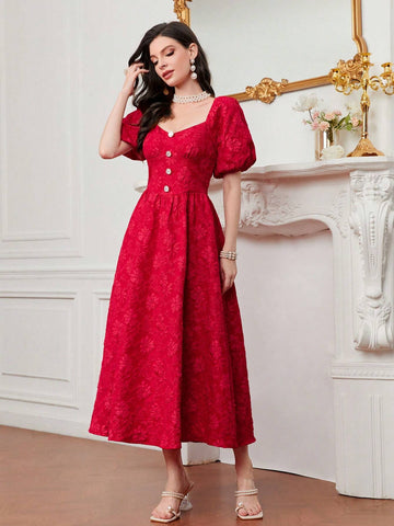 Sweetheart Neck Puff Sleeve Button Front Jacquard Dress