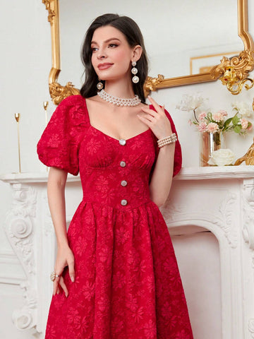 Sweetheart Neck Puff Sleeve Button Front Jacquard Dress