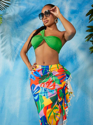 One Shoulder Crop Top & Tropical Print Skirt