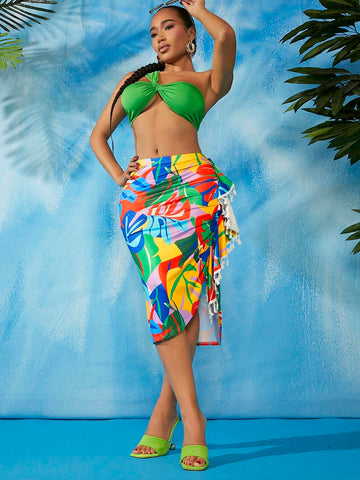 One Shoulder Crop Top & Tropical Print Skirt