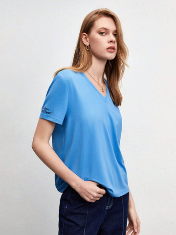 Slogan Embroidery V-neck Tee