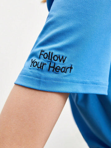 Slogan Embroidery V-neck Tee