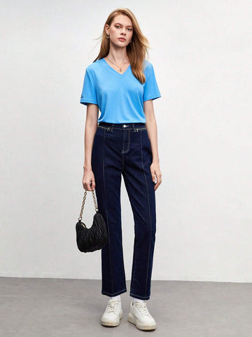 Slogan Embroidery V-neck Tee