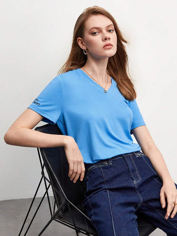 Slogan Embroidery V-neck Tee