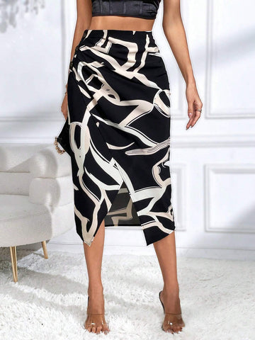 Unity Graphic Print Ruched Wrap Split Hem Skirt