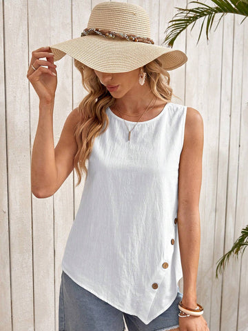 Button Detail Asymmetrical Hem Blouse