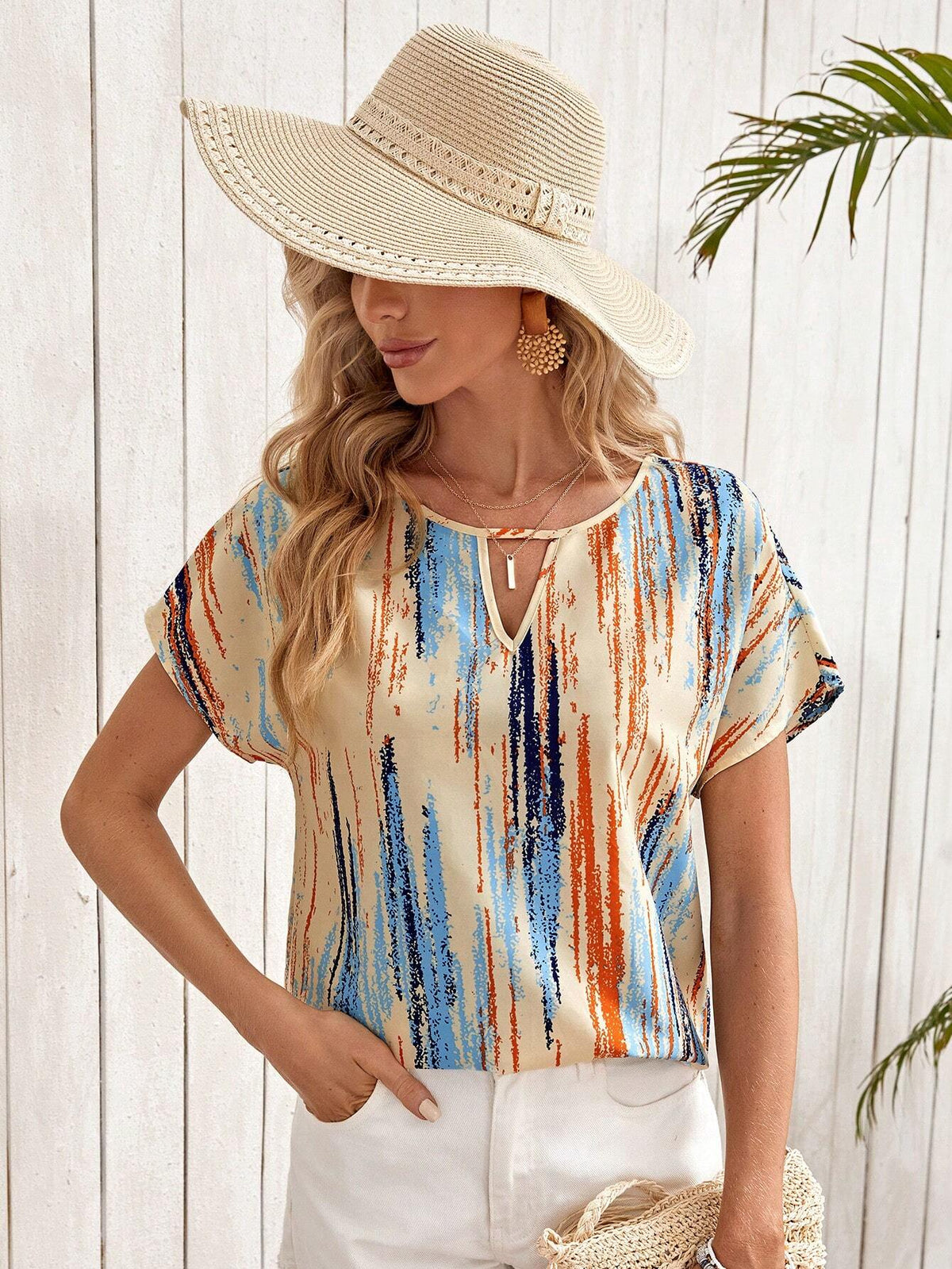 Brush Print Keyhole Neck Batwing Sleeve Blouse