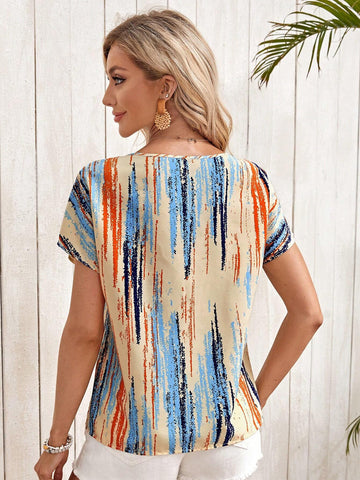 Brush Print Keyhole Neck Batwing Sleeve Blouse