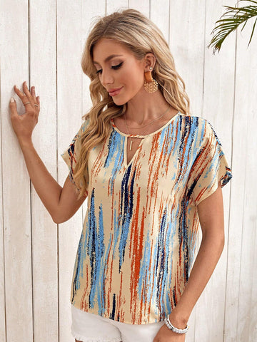 Brush Print Keyhole Neck Batwing Sleeve Blouse